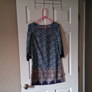 Red Camel Blue Printed Midi Dress with Border Pattern